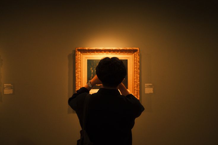 A person's silhouette viewing an artwork