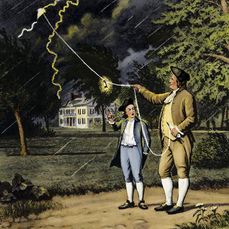 Illustration representing Benjamin Franklin's inventions, including the lightning rod