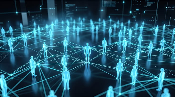 An abstract network of connected digital nodes representing information networks