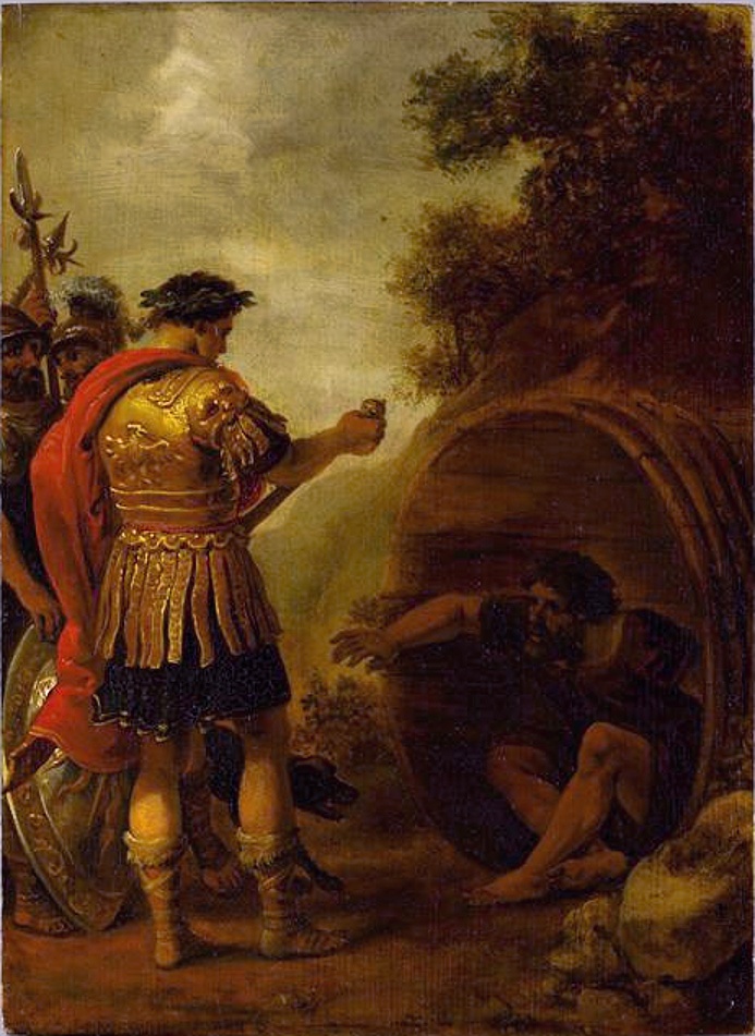 Artistic representation of Diogenes of Sinope meeting Alexander the Great