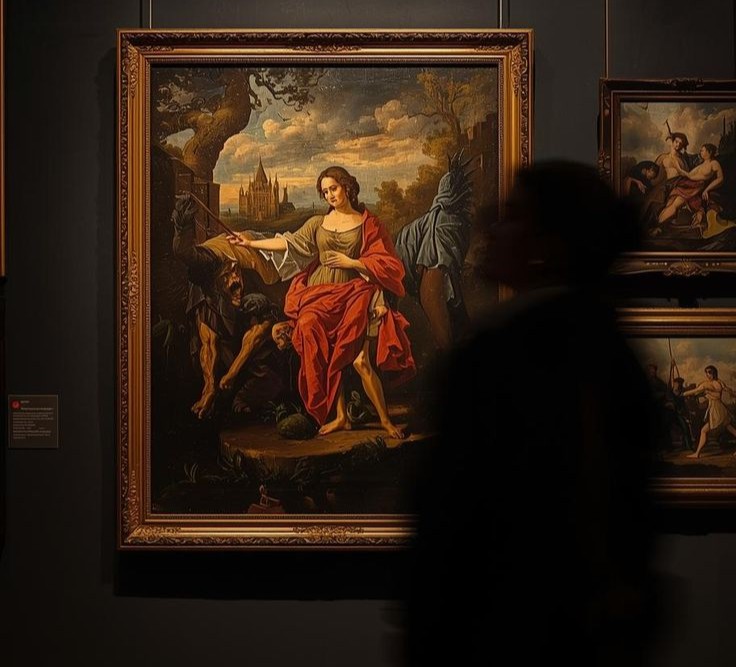 A classical painting on display in a gallery